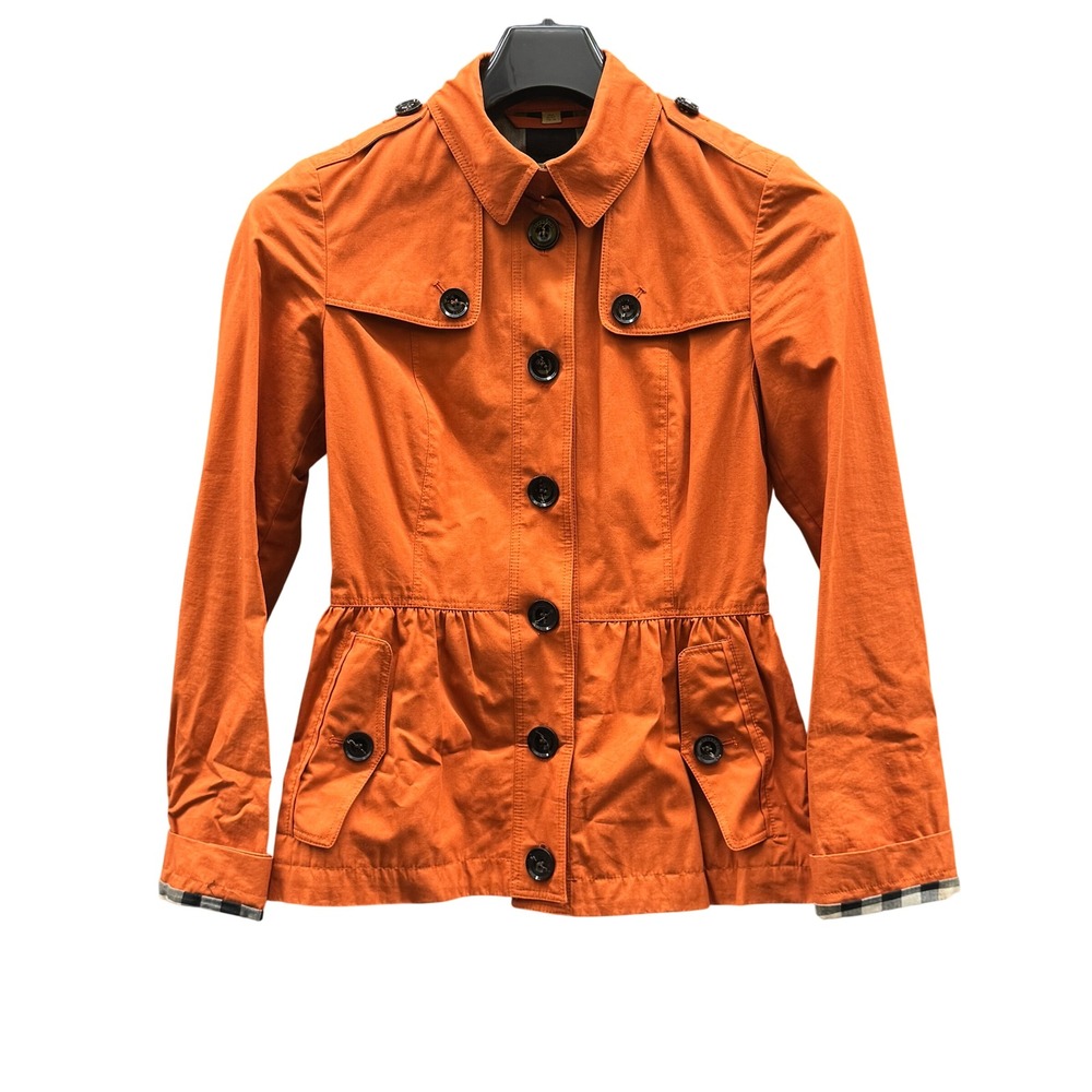 Burberry Brit Orange Peplum Trench Jacket Nova Check Trim Womens Coat
